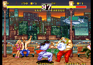 Lee performing Mouko Kouhazan against Karnov.